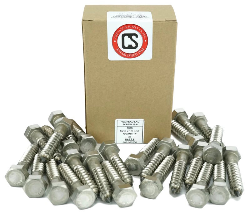Chenango Supply Stainless 1/2 x 2-1/2" Hex Lag Screw (1-1/2" to 5" Lengths Available in Listing), 18-8 Stainless Steel, 25 Pieces (1/2 x 2-1/2") - Image 2